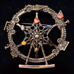 Vintage Ferris Wheel Brooch with Gemstone Accents – Antique Brass Carnival Pin